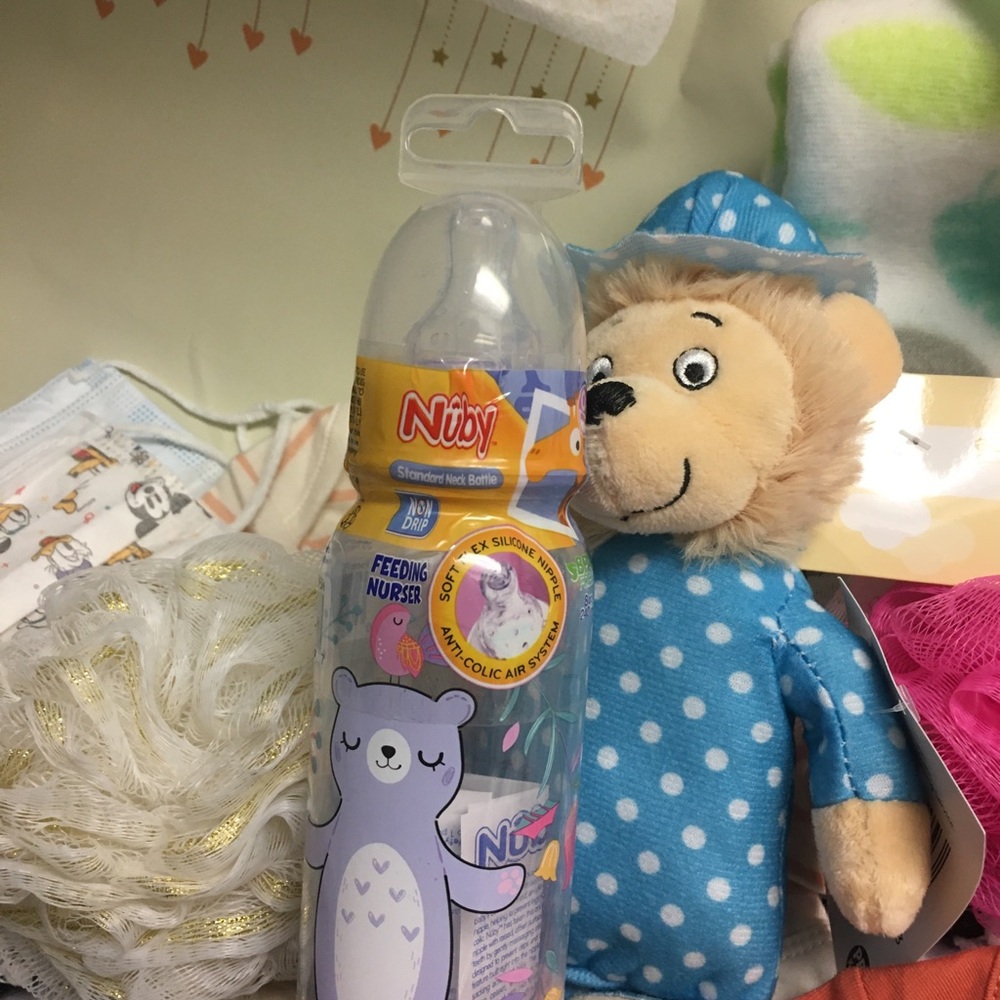 WO- Blue polka dot plushy Bear, purple bear Designer bottle playful Newbor…